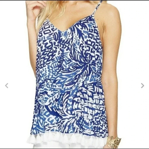 Lilly Pulitzer Nya Tank Blue White Racerback Crochet Lace Stretch Pom Trim XXS - Picture 3 of 13